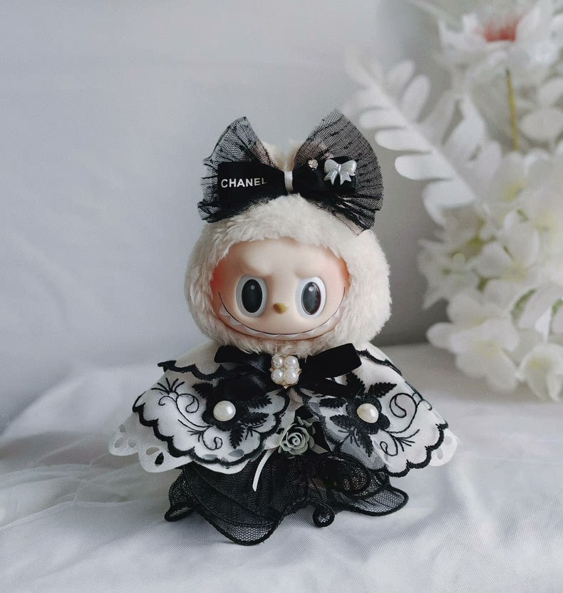 Elegant Chanel-Inspired Labubu Outfit: Black & White Lace & Satin Ensemble with Pearl Embellishments - Image 4