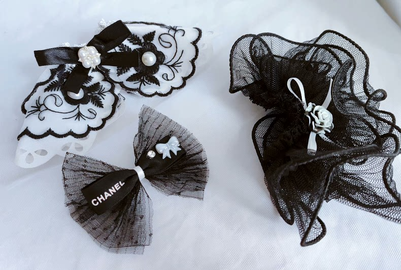 Elegant Chanel-Inspired Labubu Outfit: Black & White Lace & Satin Ensemble with Pearl Embellishments - Image 5