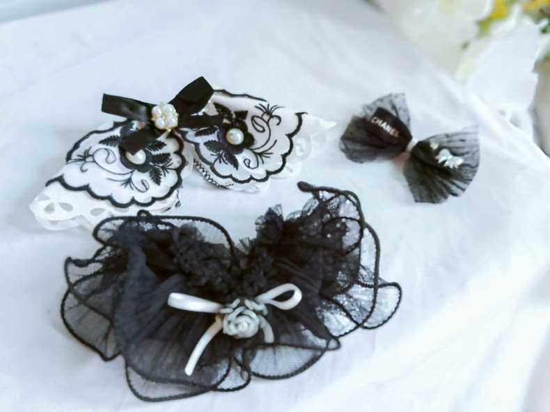 Elegant Chanel-Inspired Labubu Outfit: Black & White Lace & Satin Ensemble with Pearl Embellishments - Image 6