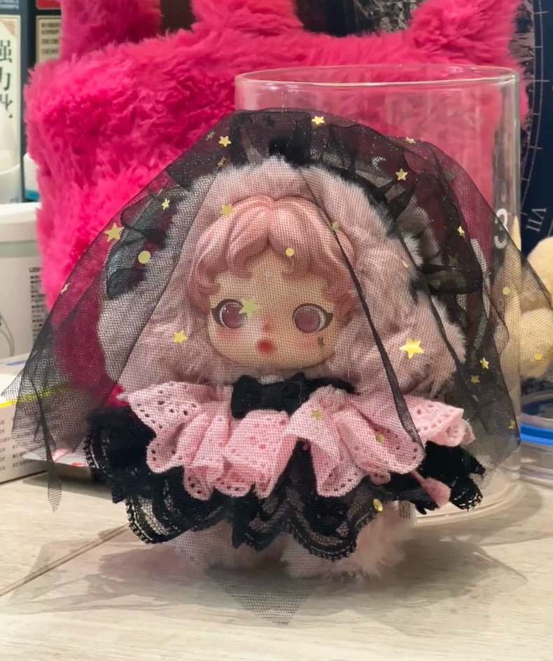 Whimsical Skullpanda Doll Outfit: Pink & Black Ruffled Skirt with Golden Stars & Elegant Headscarf - Image 1