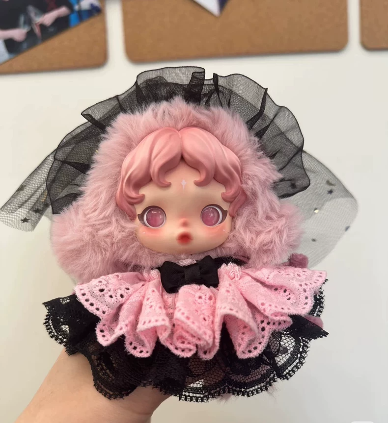 Whimsical Skullpanda Doll Outfit: Pink & Black Ruffled Skirt with Golden Stars & Elegant Headscarf - Image 2