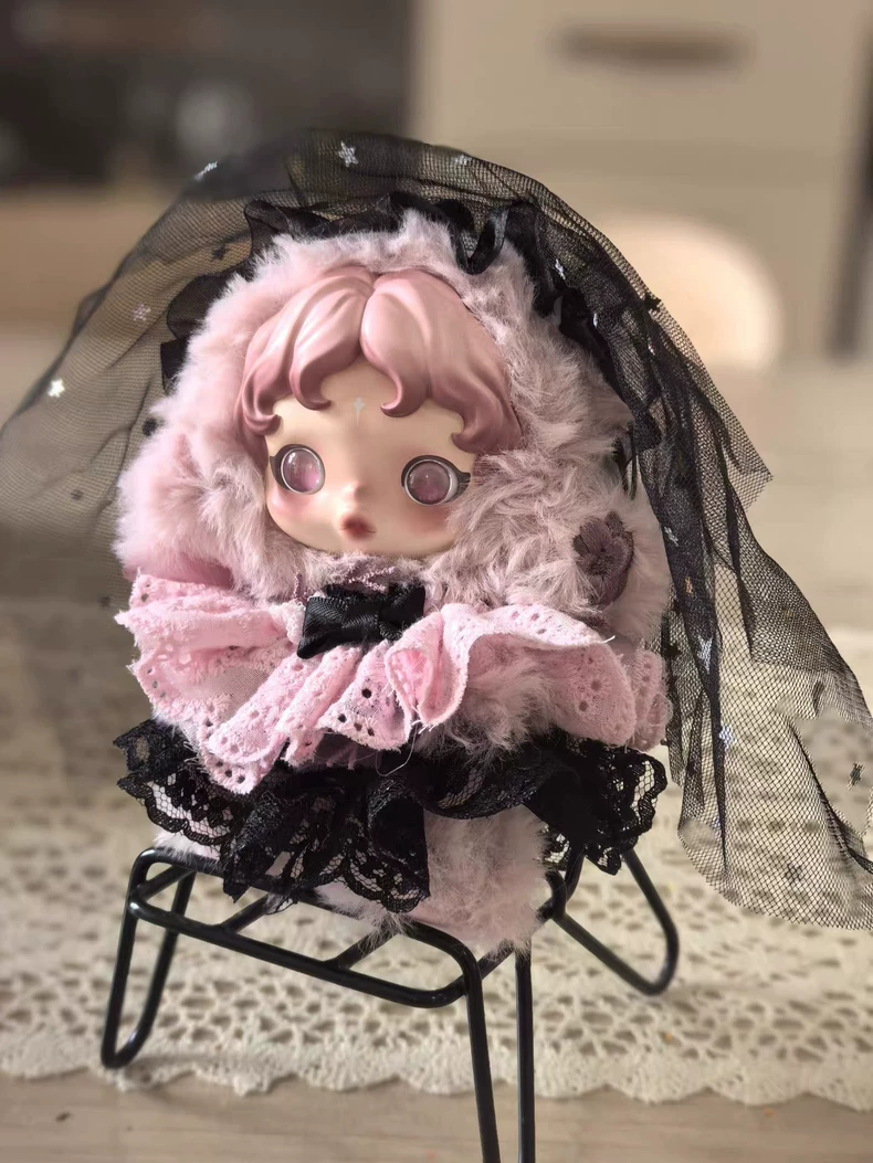 Whimsical Skullpanda Doll Outfit: Pink & Black Ruffled Skirt with Golden Stars & Elegant Headscarf - Image 3