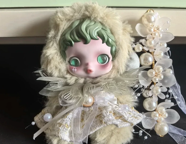 Elegant Skullpanda Doll Outfit: Lace & Pearl Embellished with Plush Fur – Collector’s Dream - Image 1