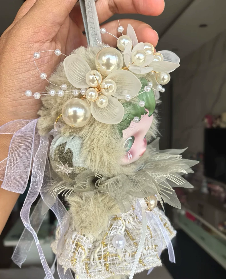 Elegant Skullpanda Doll Outfit: Lace & Pearl Embellished with Plush Fur – Collector’s Dream - Image 2