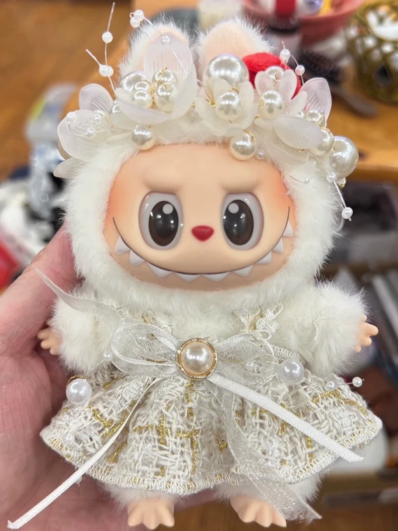 Elegant Skullpanda Doll Outfit: Lace & Pearl Embellished with Plush Fur – Collector’s Dream - Image 4