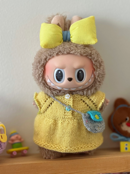 Handmade LABUBU Toy Outfit: Premium Yellow & Blue Wool Dress with Satin Bows – Elegant & Durable 17cm Fit - Image 1