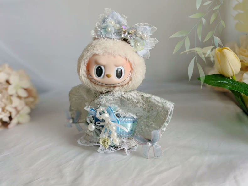 Elegant Cherry Blossom LABUBU Doll Outfit: Light Blue & Silver Embroidery, Japanese-Inspired Style - Image 1