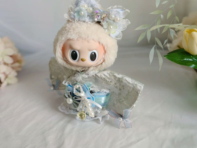 Elegant Cherry Blossom LABUBU Doll Outfit: Light Blue & Silver Embroidery, Japanese-Inspired Style - Image 2