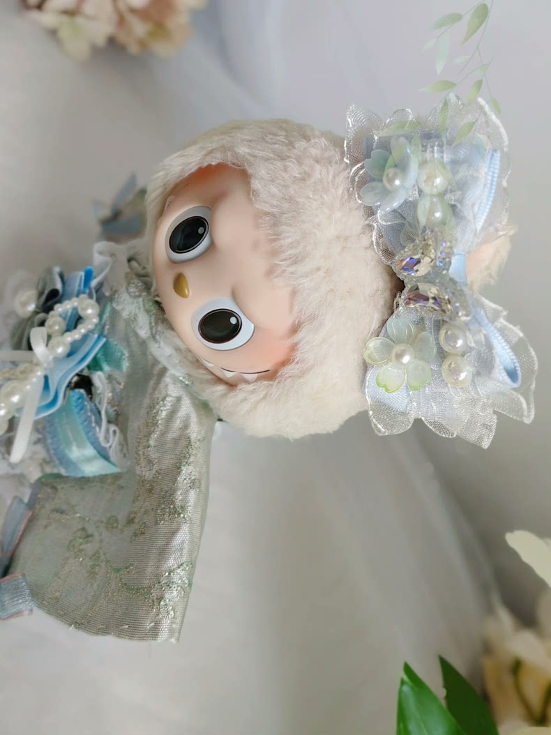 Elegant Cherry Blossom LABUBU Doll Outfit: Light Blue & Silver Embroidery, Japanese-Inspired Style - Image 4