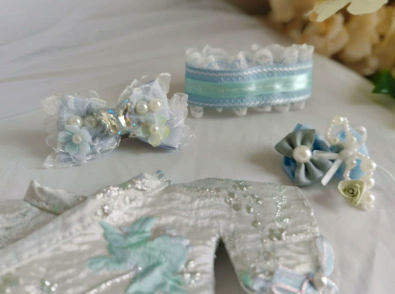 Elegant Cherry Blossom LABUBU Doll Outfit: Light Blue & Silver Embroidery, Japanese-Inspired Style - Image 5