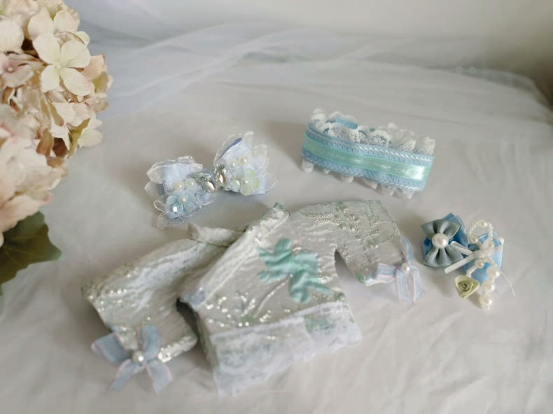 Elegant Cherry Blossom LABUBU Doll Outfit: Light Blue & Silver Embroidery, Japanese-Inspired Style - Image 6