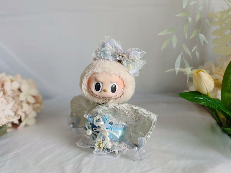 Elegant Cherry Blossom LABUBU Doll Outfit: Light Blue & Silver Embroidery, Japanese-Inspired Style - Image 8