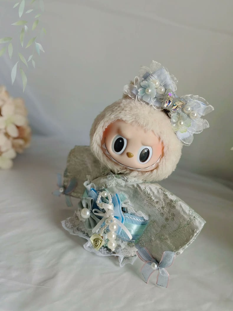 Elegant Cherry Blossom LABUBU Doll Outfit: Light Blue & Silver Embroidery, Japanese-Inspired Style - Image 9