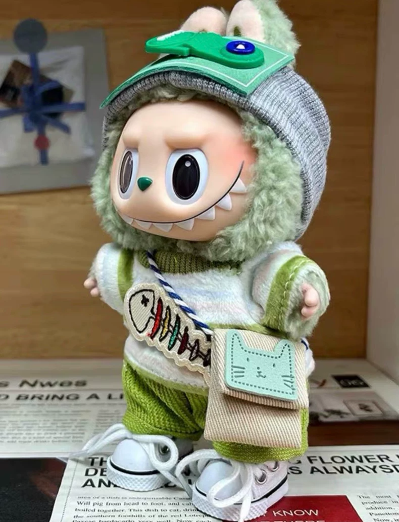Trendy Labubu Doll Outfit: Whimsical Knit & Plush Ensemble with Fish Embellishment for Collectors & Play - Image 3