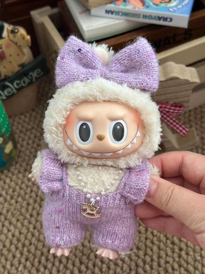 Whimsical Labubu Handcrafted Outfit – Purple Bow, Plush Hood & Necklace – Durable & Stylish Knit Wear - Image 1