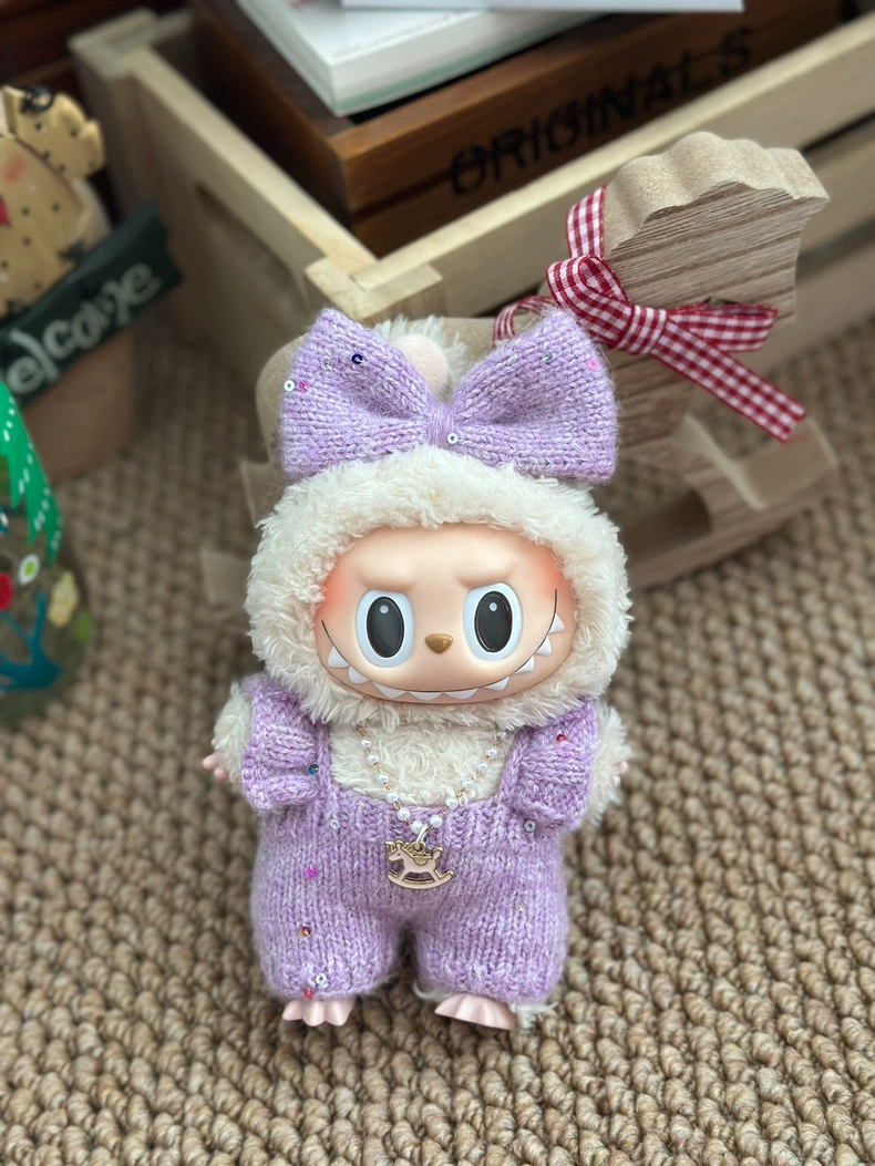 Whimsical Labubu Handcrafted Outfit – Purple Bow, Plush Hood & Necklace – Durable & Stylish Knit Wear - Image 2