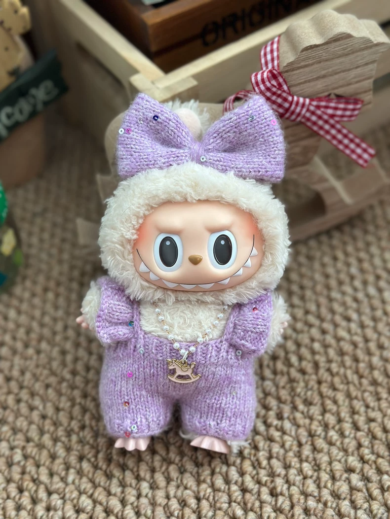Whimsical Labubu Handcrafted Outfit – Purple Bow, Plush Hood & Necklace – Durable & Stylish Knit Wear - Image 3