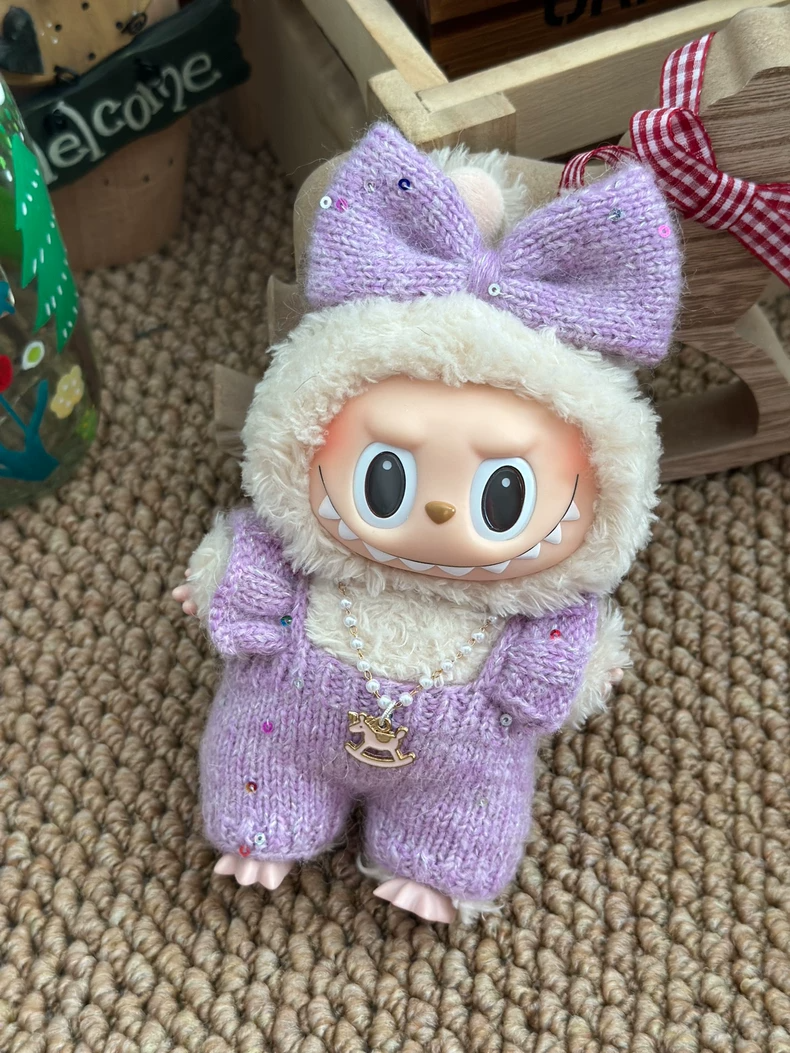 Whimsical Labubu Handcrafted Outfit – Purple Bow, Plush Hood & Necklace – Durable & Stylish Knit Wear - Image 5