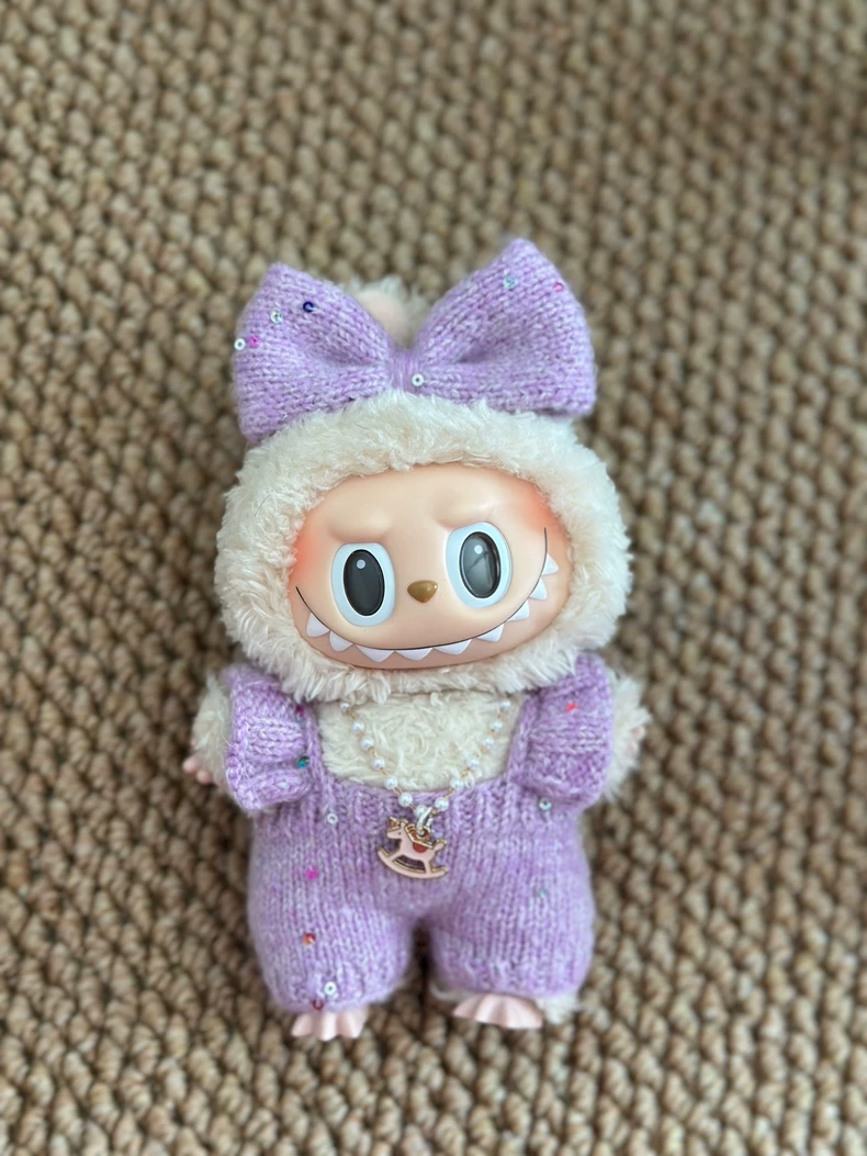 Whimsical Labubu Handcrafted Outfit – Purple Bow, Plush Hood & Necklace – Durable & Stylish Knit Wear - Image 6