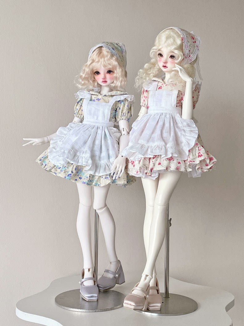 Exquisite BJD 1/4 Doll Outfit: Elegant Dress, Apron & Headscarf Set for Blue & Pink Dolls | Pastel Floral Design - Image 1
