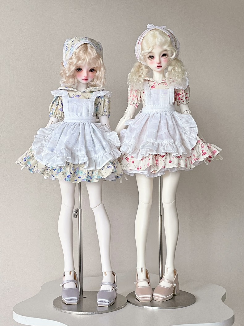 Exquisite BJD 1/4 Doll Outfit: Elegant Dress, Apron & Headscarf Set for Blue & Pink Dolls | Pastel Floral Design - Image 2