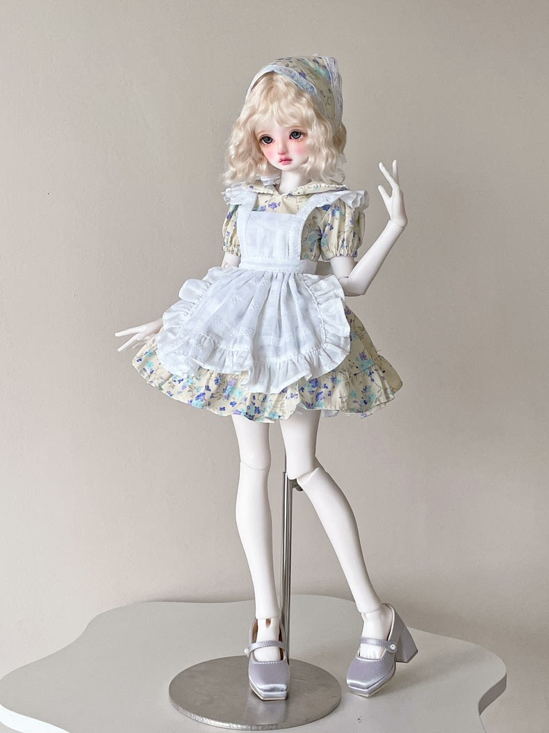 Exquisite BJD 1/4 Doll Outfit: Elegant Dress, Apron & Headscarf Set for Blue & Pink Dolls | Pastel Floral Design - Image 3