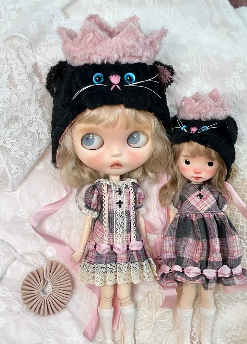 Whimsical Blythe Doll Outfit: Plaid Dresses & Cat Hats for OB22, Mini Cat Body & Azone - Image 4