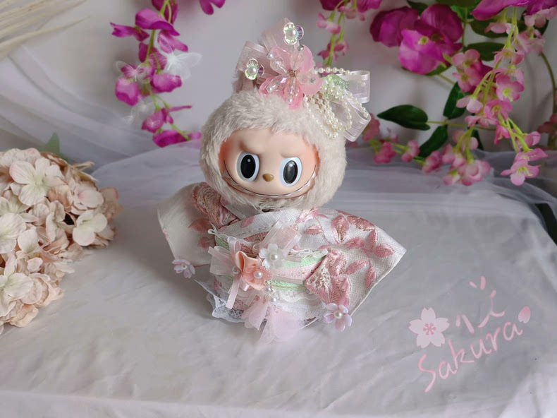 Elegant Cherry Blossom LABUBU Outfit – Luxe Satin & Silver Embroidery for 17cm Figures - Image 1