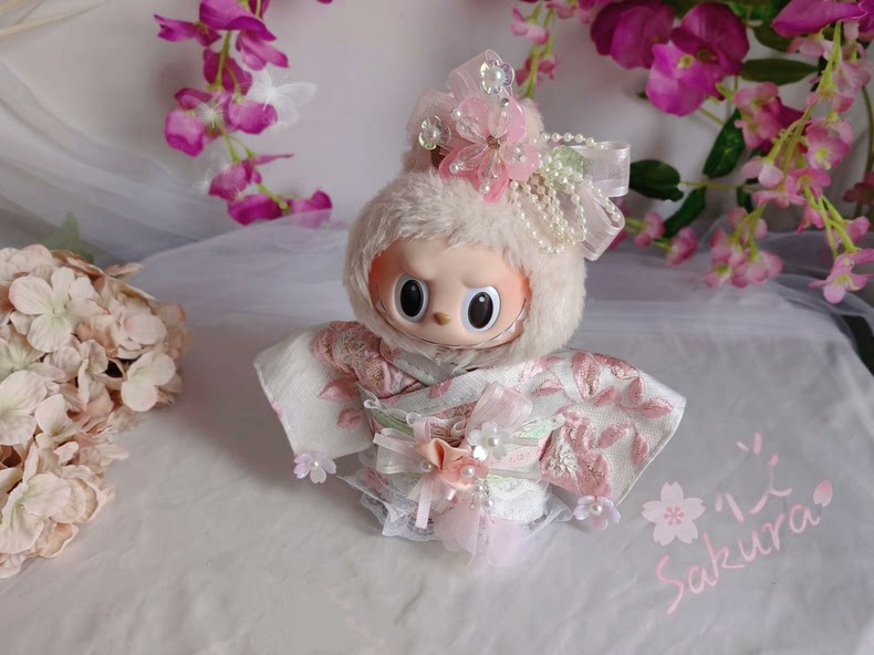 Elegant Cherry Blossom LABUBU Outfit – Luxe Satin & Silver Embroidery for 17cm Figures - Image 2