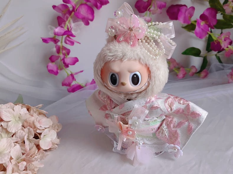 Elegant Cherry Blossom LABUBU Outfit – Luxe Satin & Silver Embroidery for 17cm Figures - Image 3