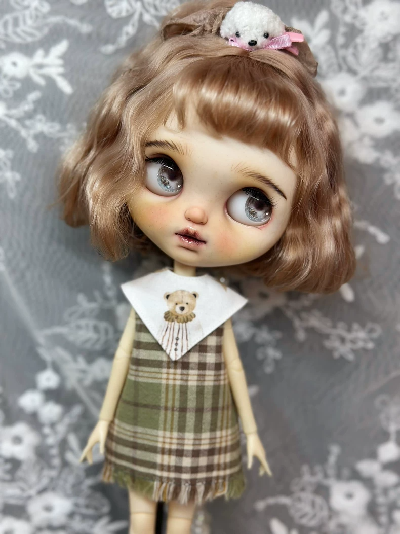 Charming Blythe Doll Plaid Dress Outfit with Teddy Bear Collar & Boots - Image 6