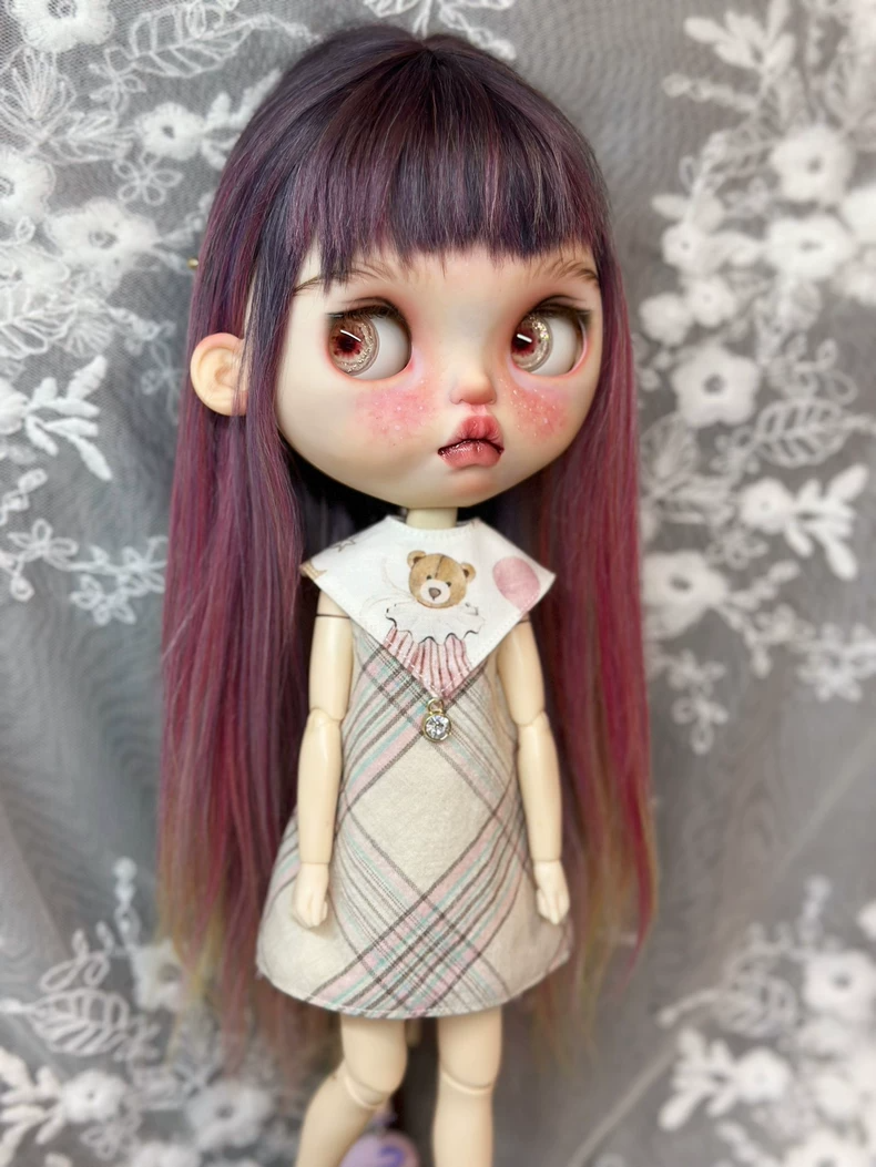 Charming Blythe Doll Plaid Dress with Teddy Bear Collar – Elegant & Playful Outfit for OB24 & AZ Bodies - Image 7