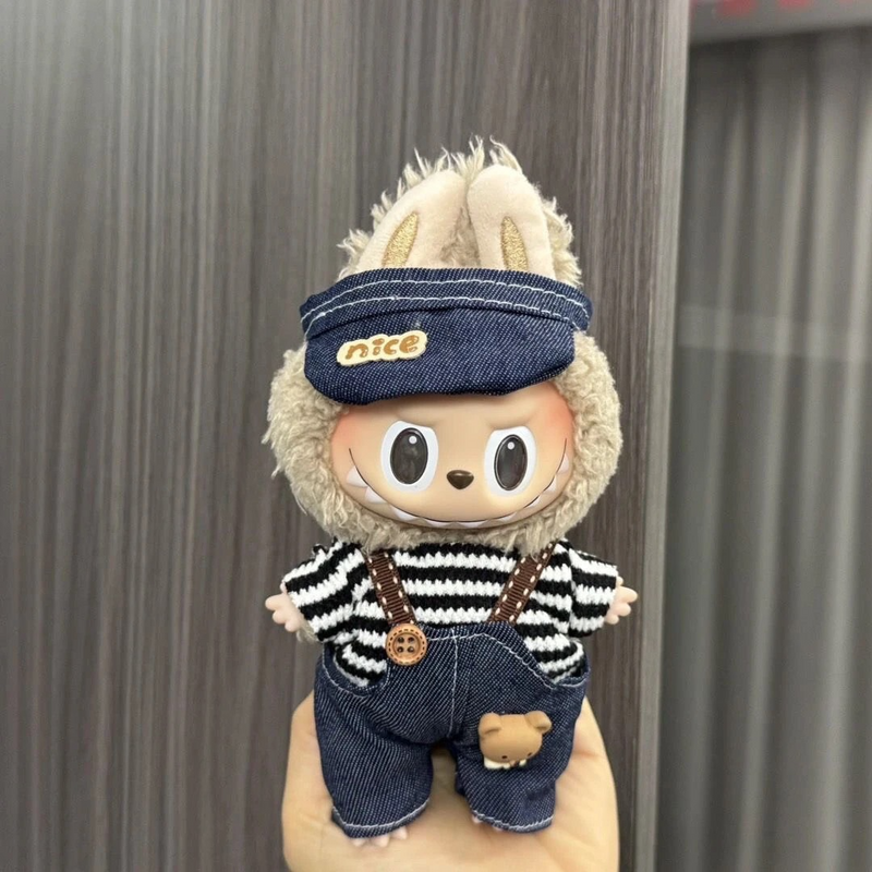 LABUBU Doll Outfit Set: Denim Cap, Striped Shirt & Overalls for 17cm Dolls – Stylish & Durable - Image 1