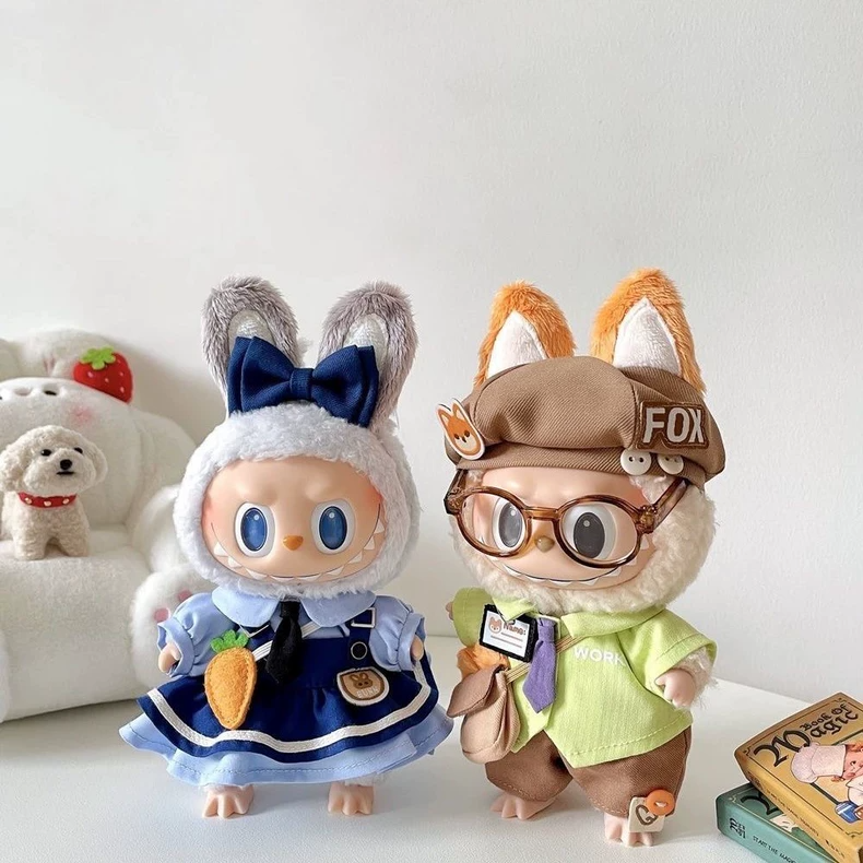 Adorable LABUBU Plush Outfits – Collectible Rabbit & Fox Doll Fashion with Hats & Glasses - Image 2