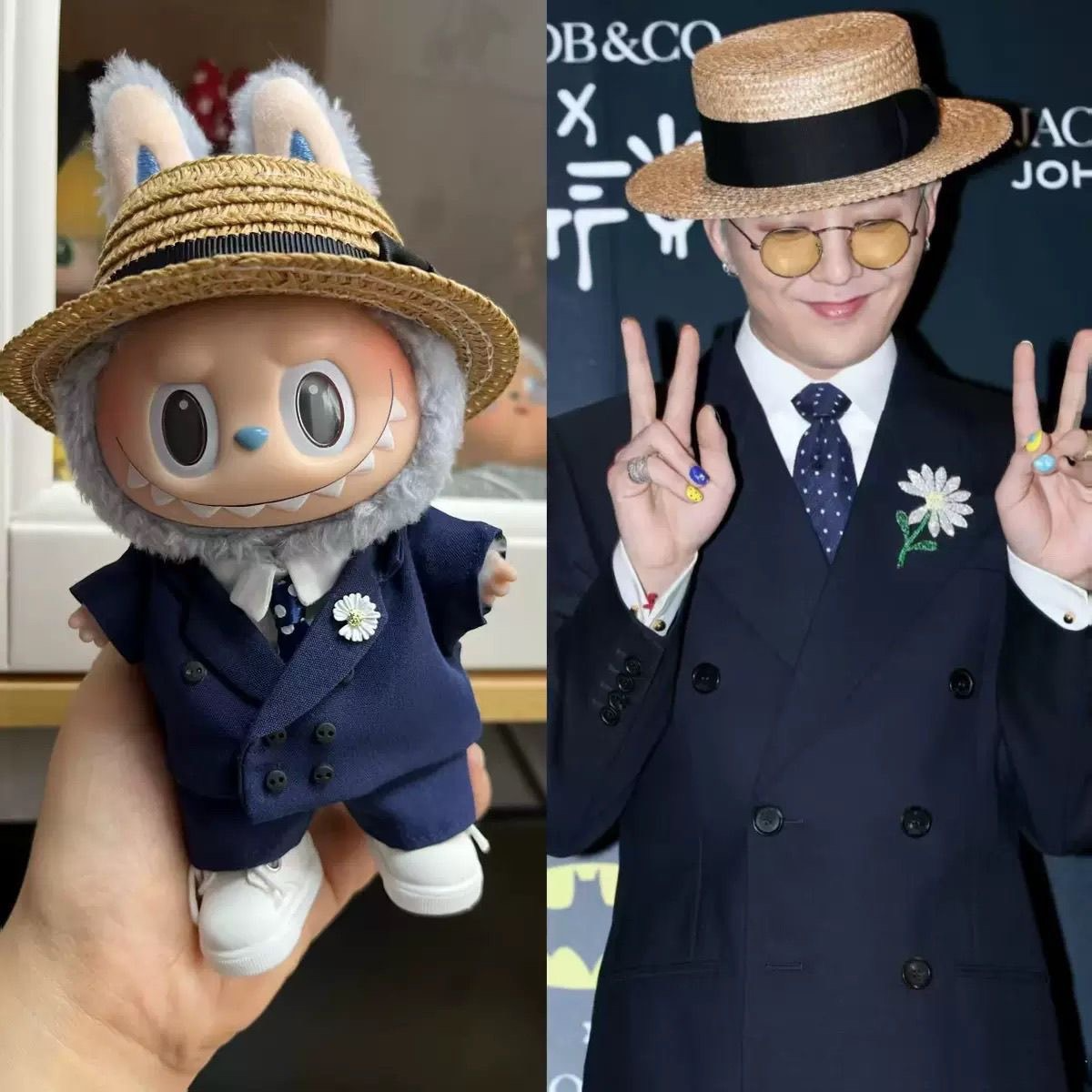 Stylish LABUBU Doll Suit Set: Navy Blue Ensemble with Straw Hat & Daisy Brooch - Image 1