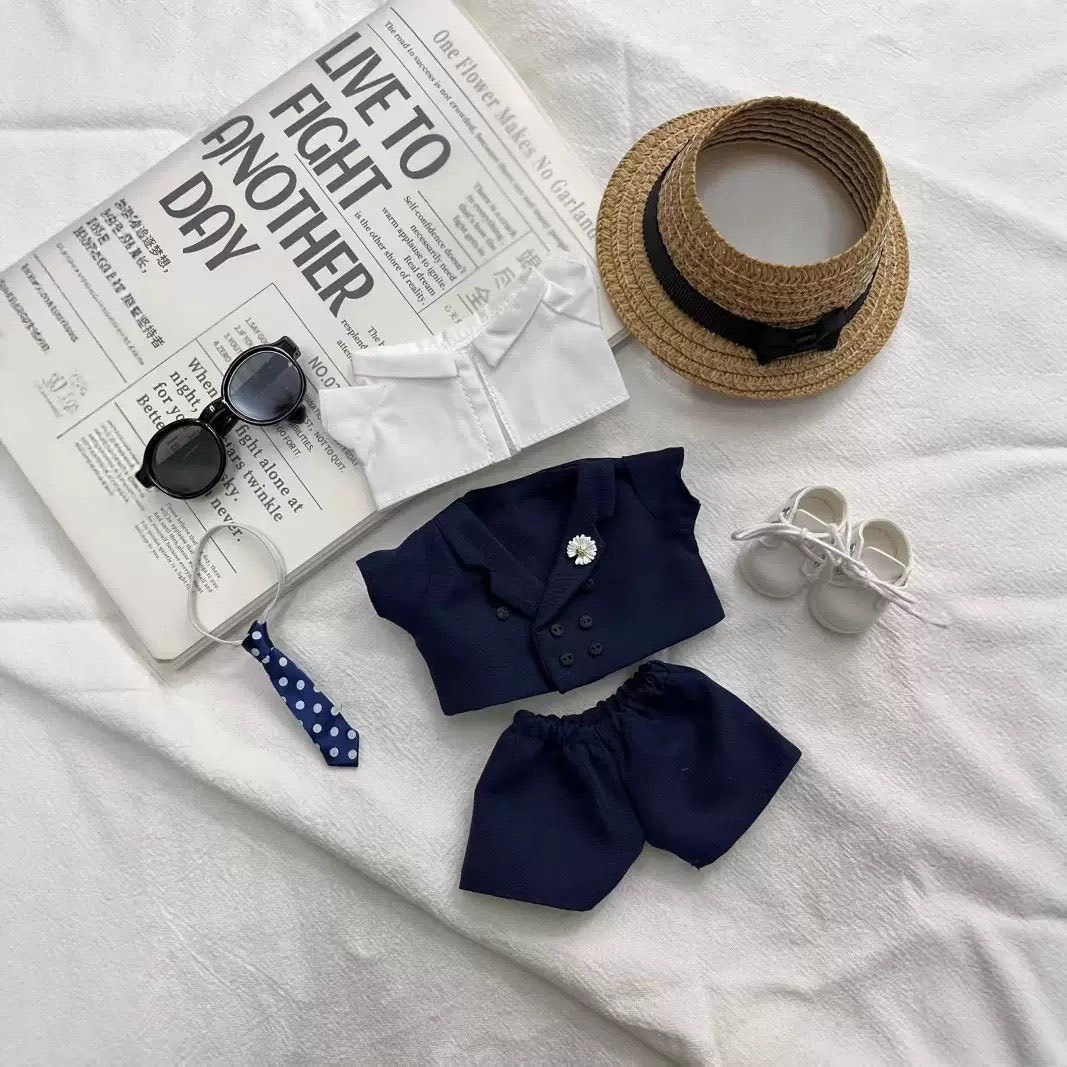 Stylish LABUBU Doll Suit Set: Navy Blue Ensemble with Straw Hat & Daisy Brooch - Image 2