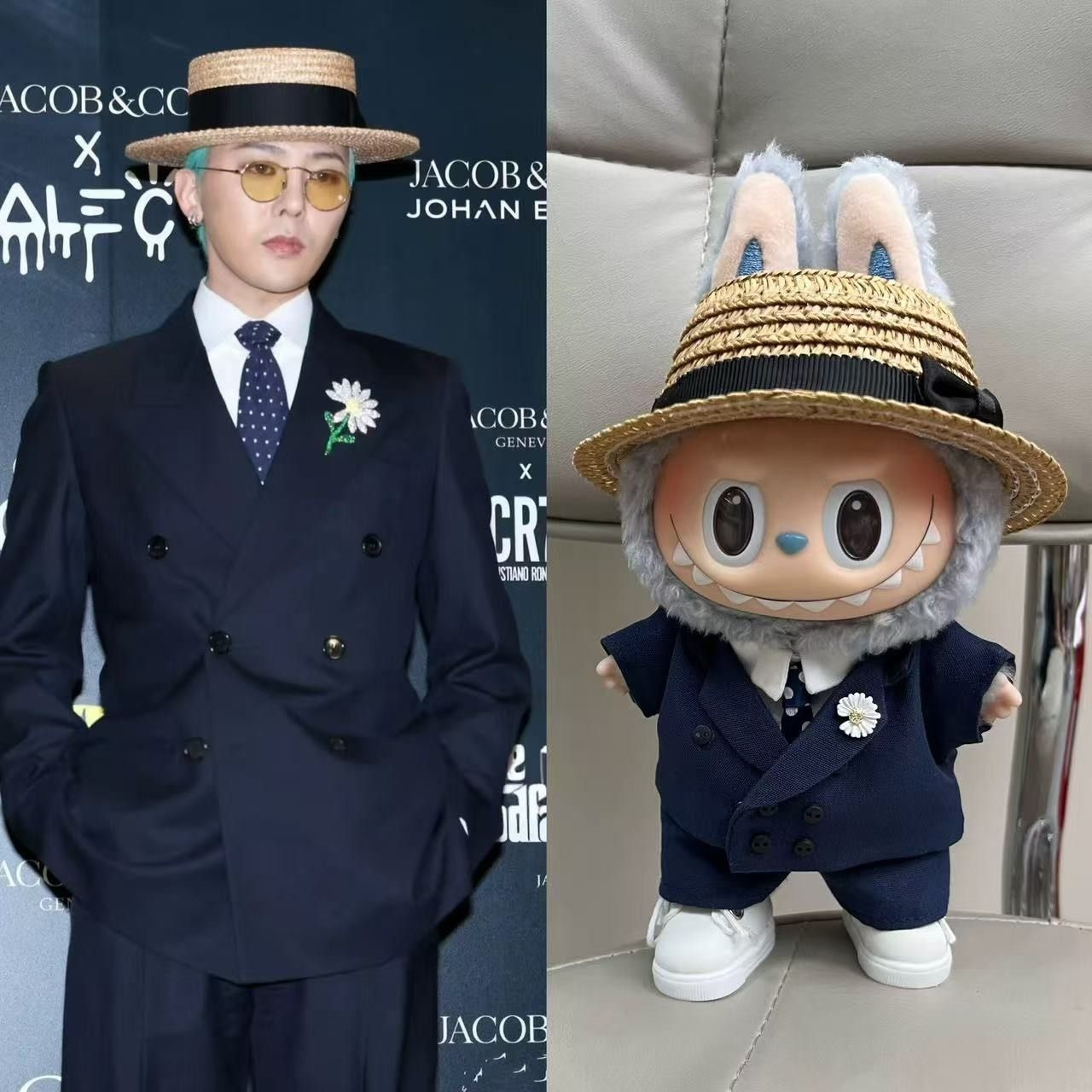 Stylish LABUBU Doll Suit Set: Navy Blue Ensemble with Straw Hat & Daisy Brooch - Image 3