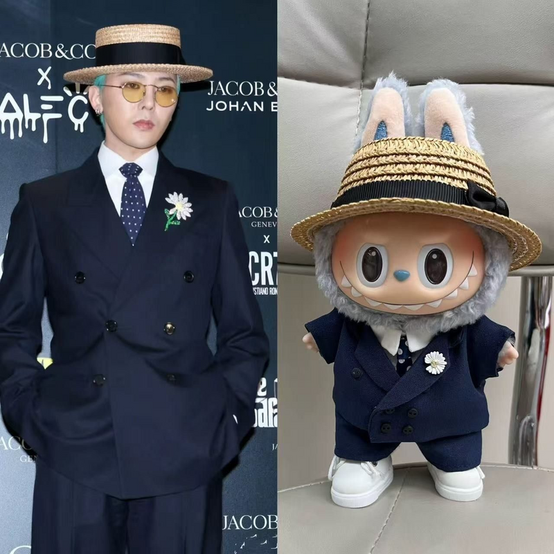 Stylish LABUBU Doll Suit Set: Navy Blue Ensemble with Straw Hat & Daisy Brooch - Image 3