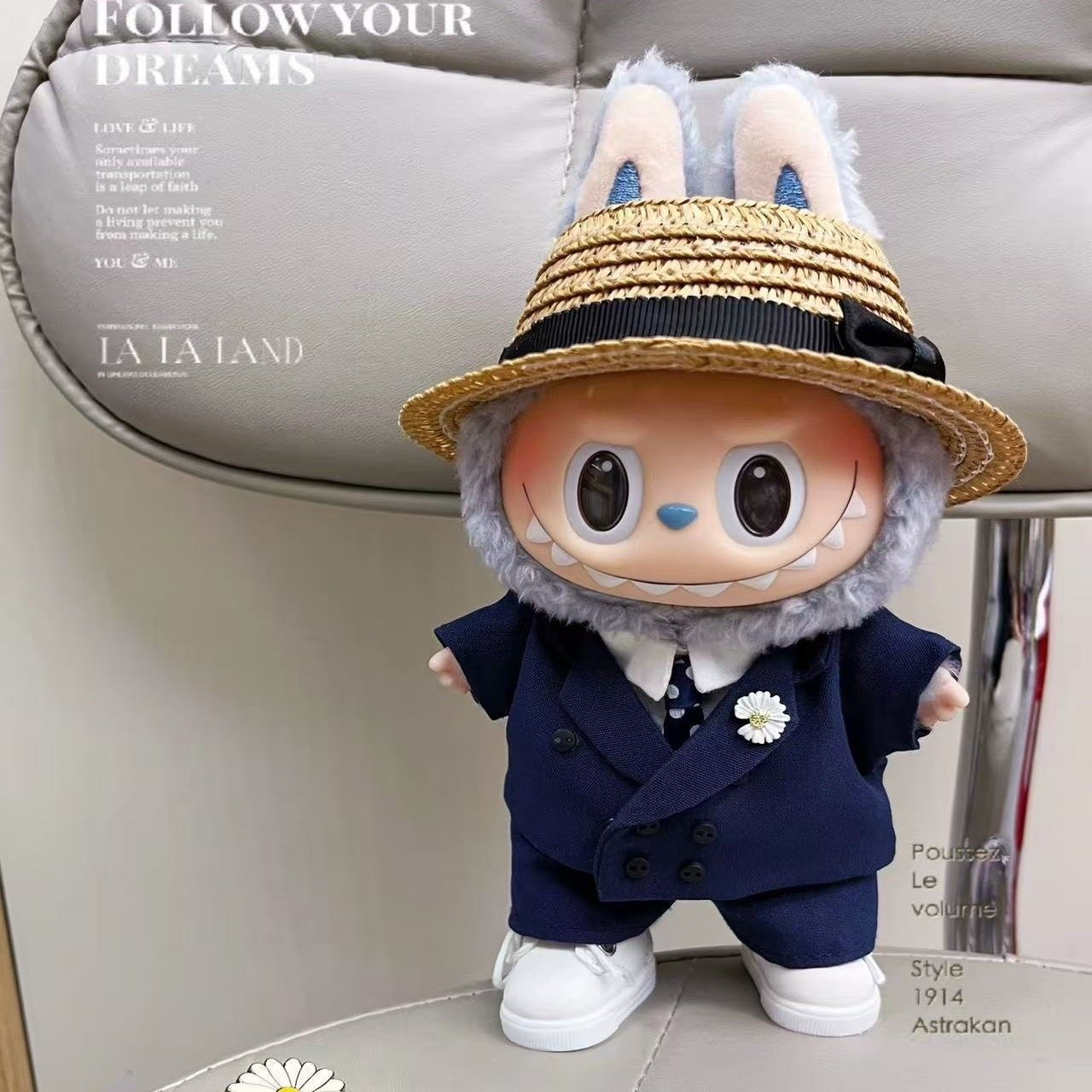 Stylish LABUBU Doll Suit Set: Navy Blue Ensemble with Straw Hat & Daisy Brooch - Image 4