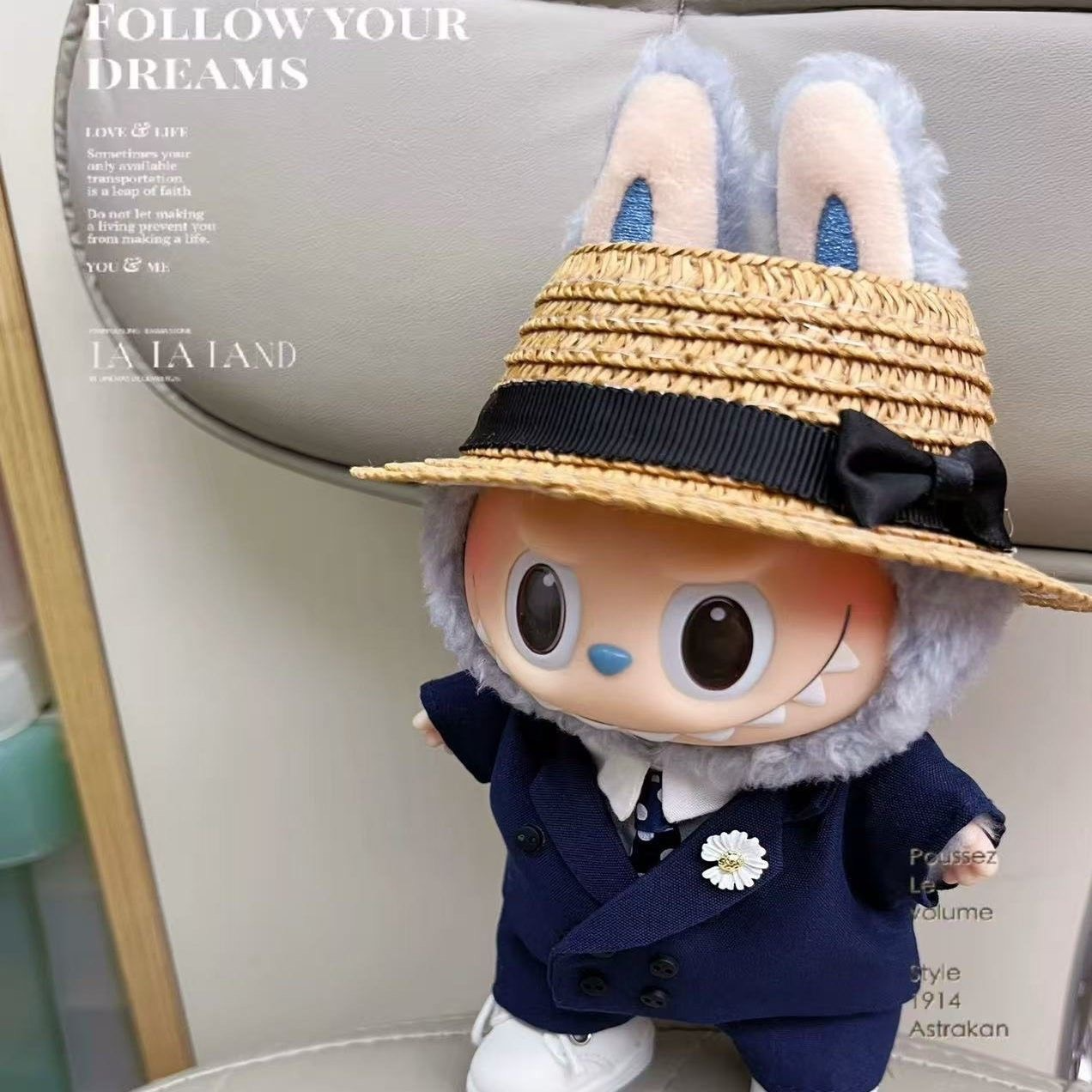 Stylish LABUBU Doll Suit Set: Navy Blue Ensemble with Straw Hat & Daisy Brooch - Image 6