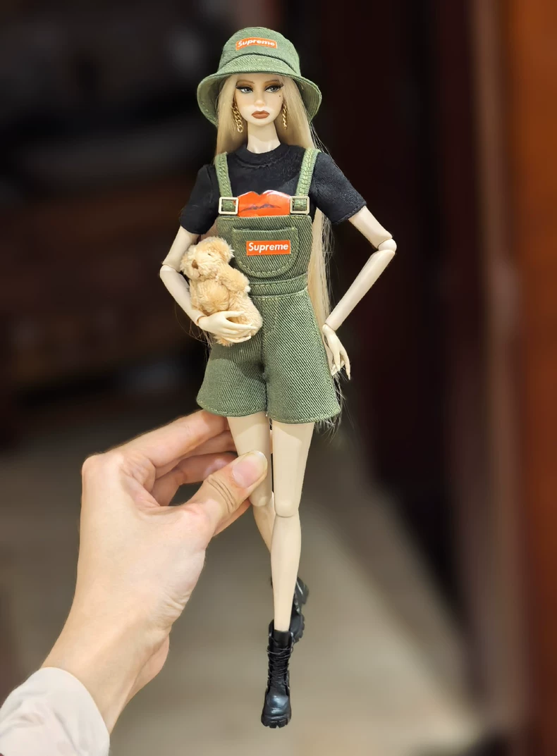Stylish Olive Green Corduroy Doll Outfit Set with Accessories for BJD 1/6 Dolls - Image 4