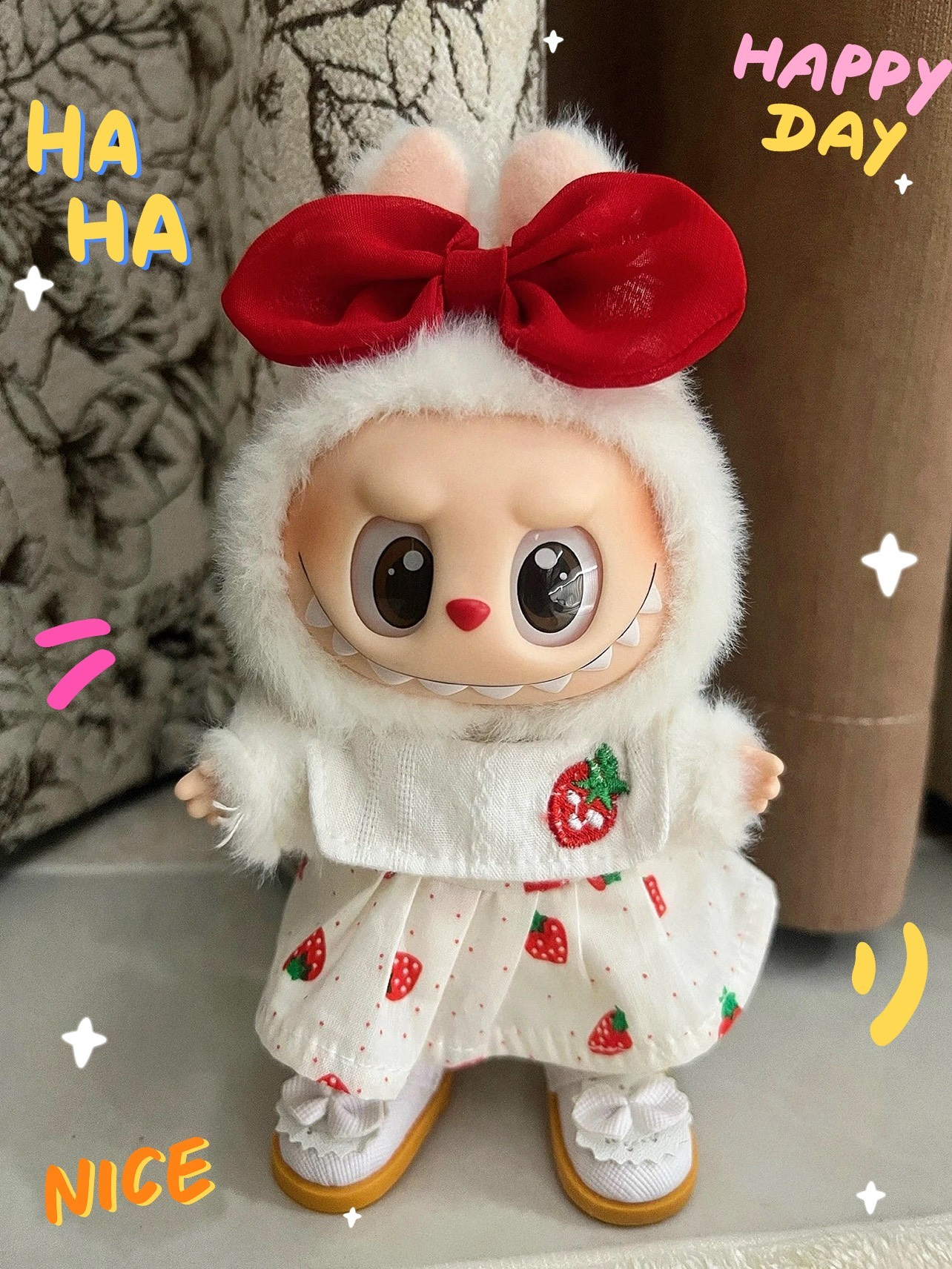 Charming Strawberry Dress with Red Bow for Labubu Dolls – Perfect for Collectors & Playtime Fun! - Image 2