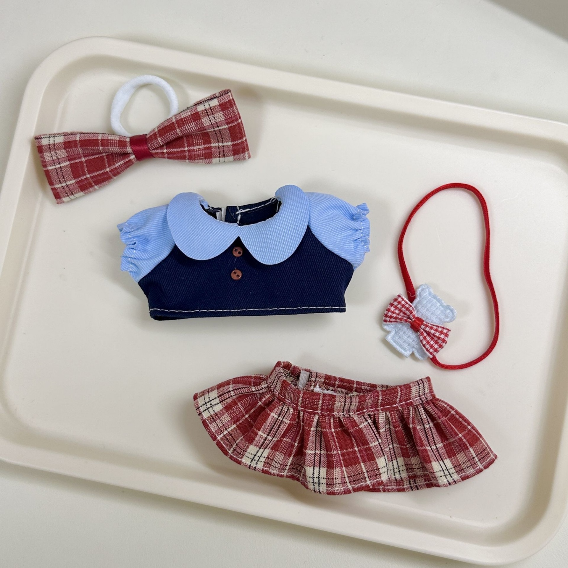 Charming British College Labubu Doll Outfit – 4-Piece Set with Bow, Top, Skirt & Bear Bag - Image 7
