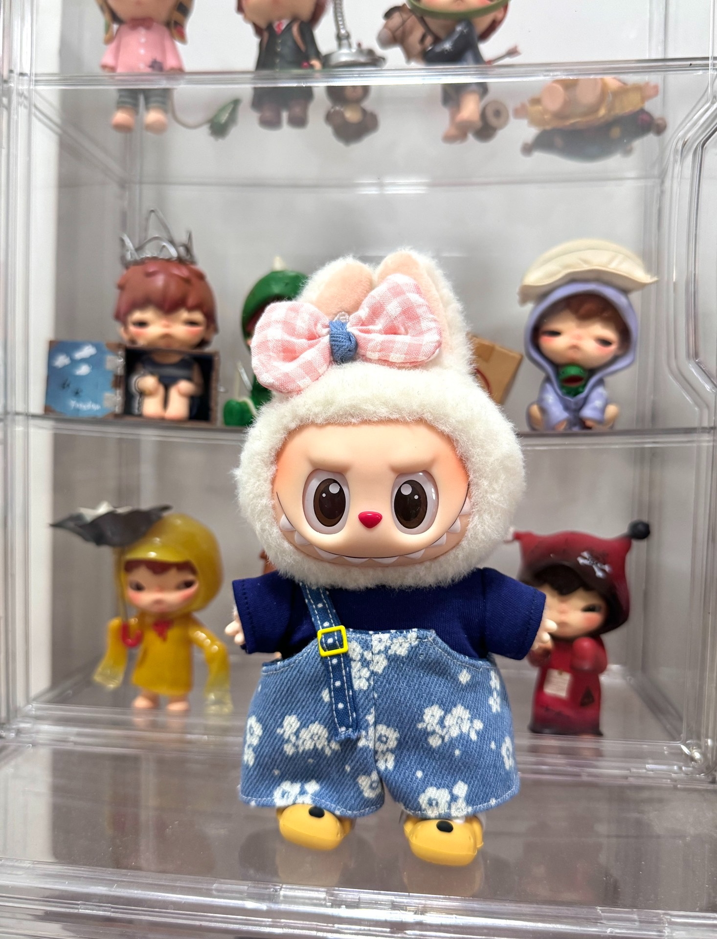 Whimsical Labubu Doll Outfit: Cozy Blue T-Shirt & Floral Denim Overalls for Playful Style - Image 1