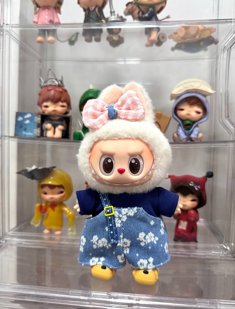 Whimsical Labubu Doll Outfit: Cozy Blue T-Shirt & Floral Denim Overalls for Playful Style - Image 1