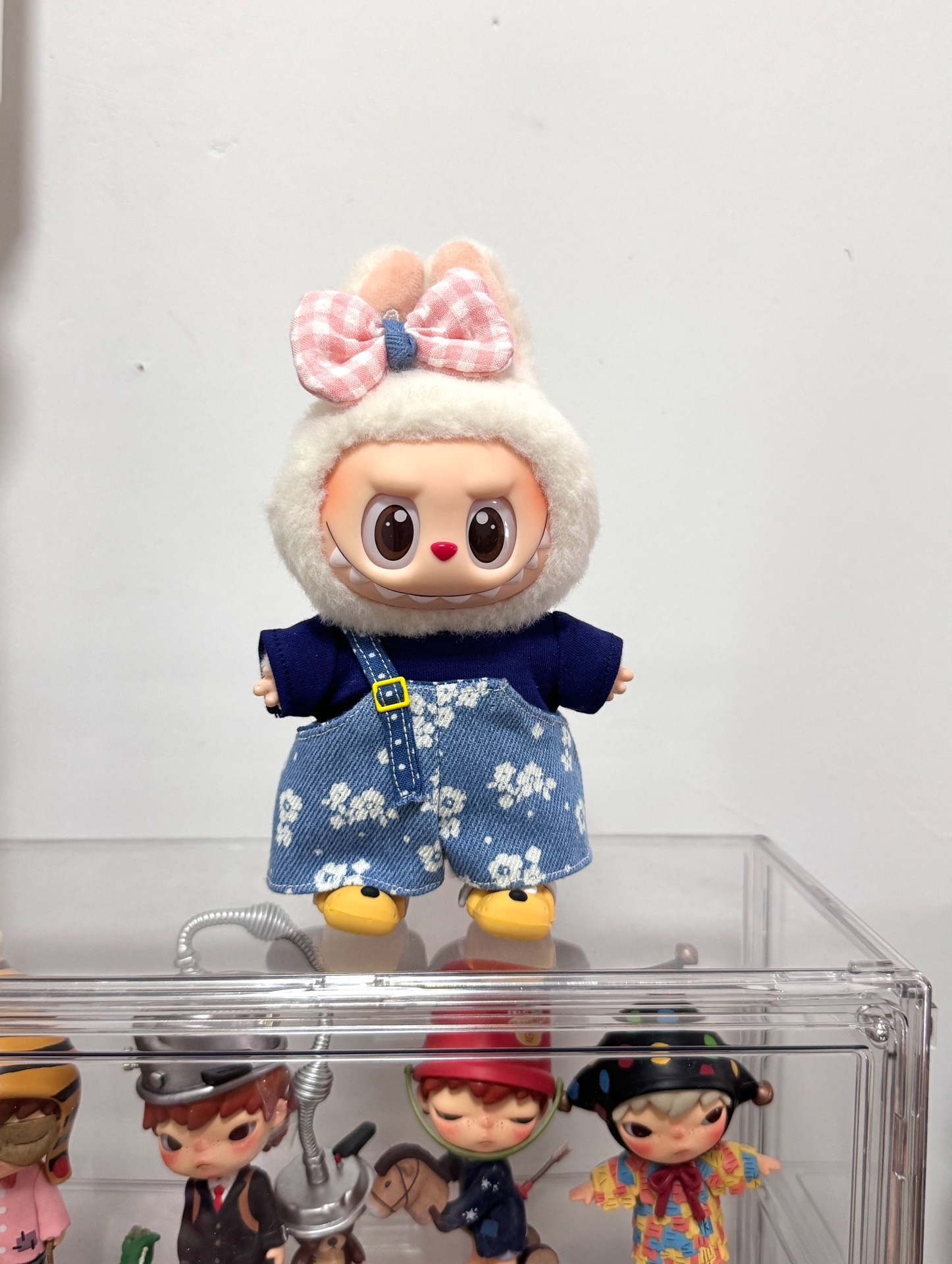 Whimsical Labubu Doll Outfit: Cozy Blue T-Shirt & Floral Denim Overalls for Playful Style - Image 2