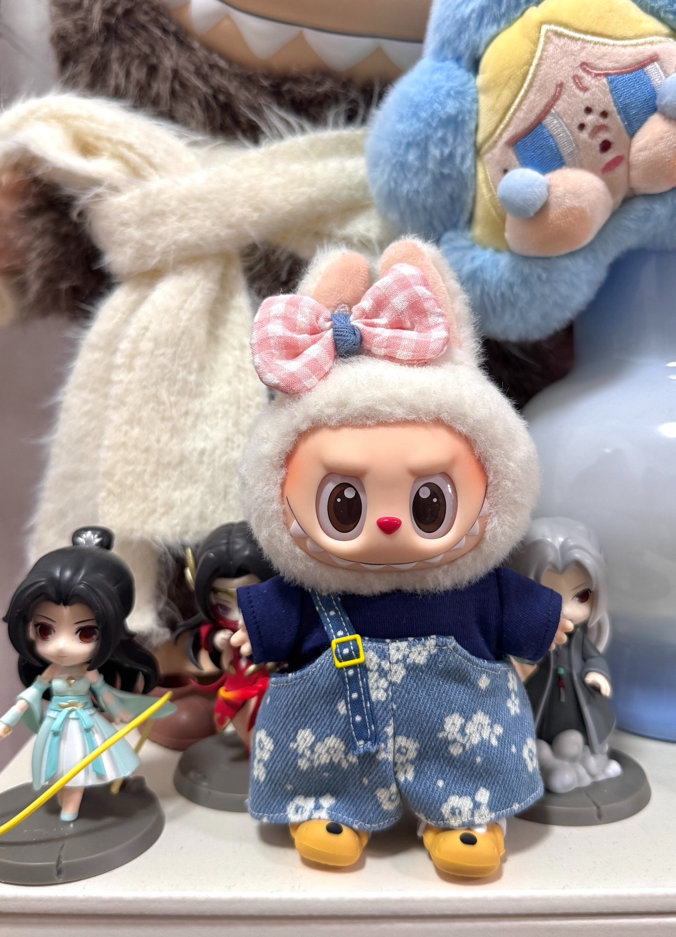 Whimsical Labubu Doll Outfit: Cozy Blue T-Shirt & Floral Denim Overalls for Playful Style - Image 4