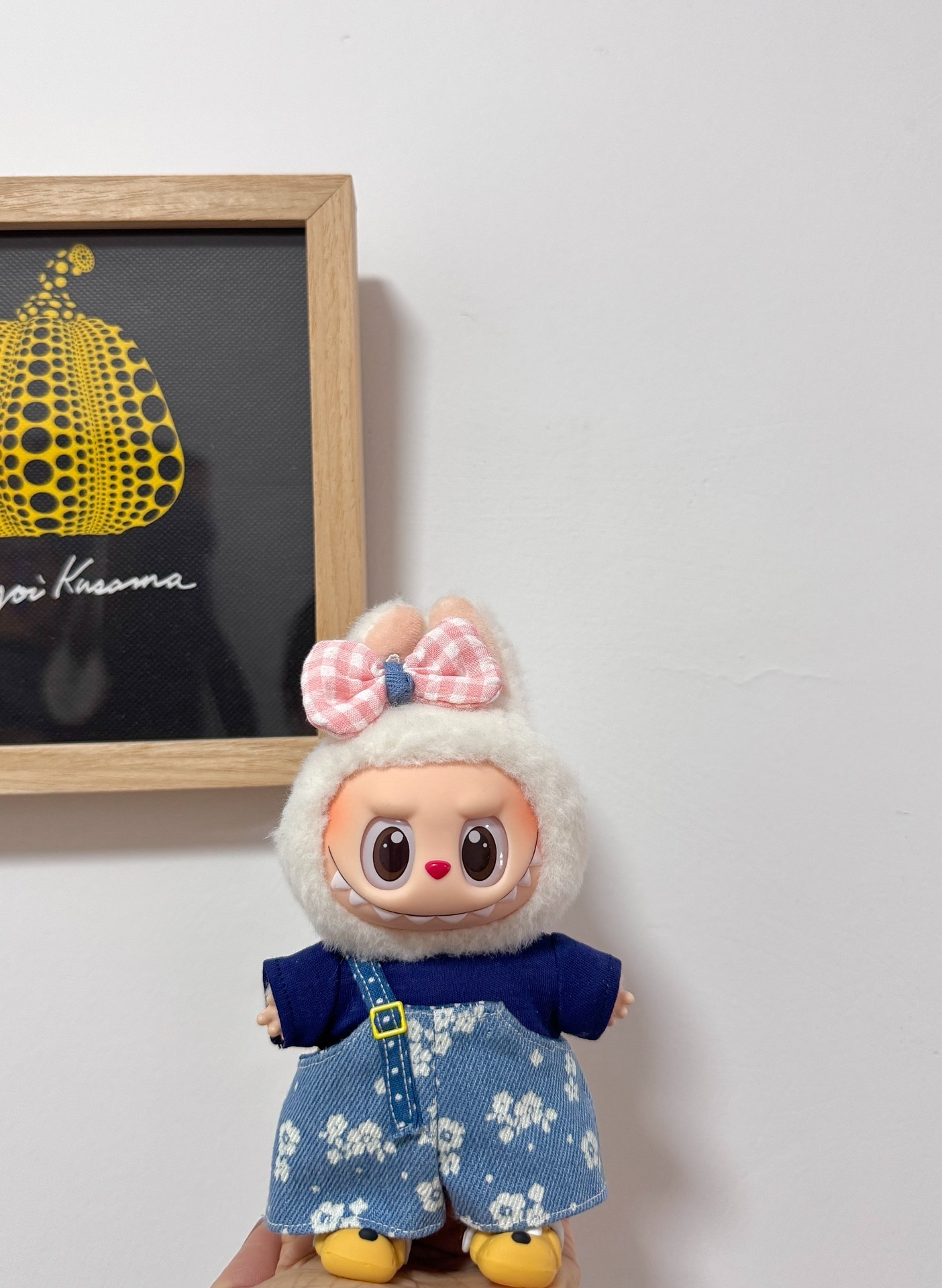 Whimsical Labubu Doll Outfit: Cozy Blue T-Shirt & Floral Denim Overalls for Playful Style - Image 5