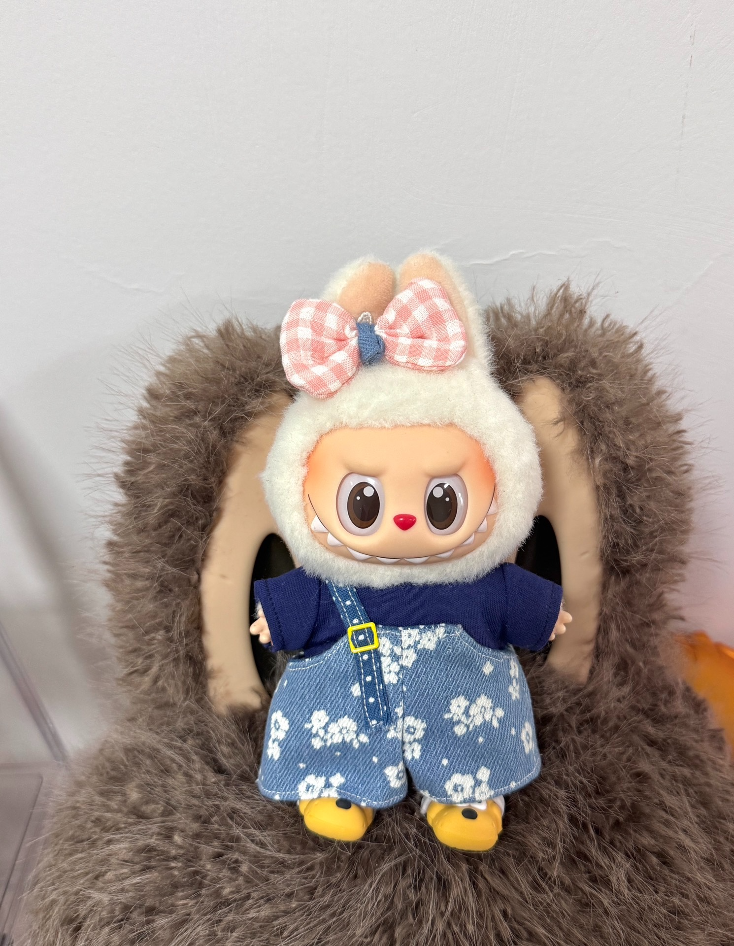 Whimsical Labubu Doll Outfit: Cozy Blue T-Shirt & Floral Denim Overalls for Playful Style - Image 6