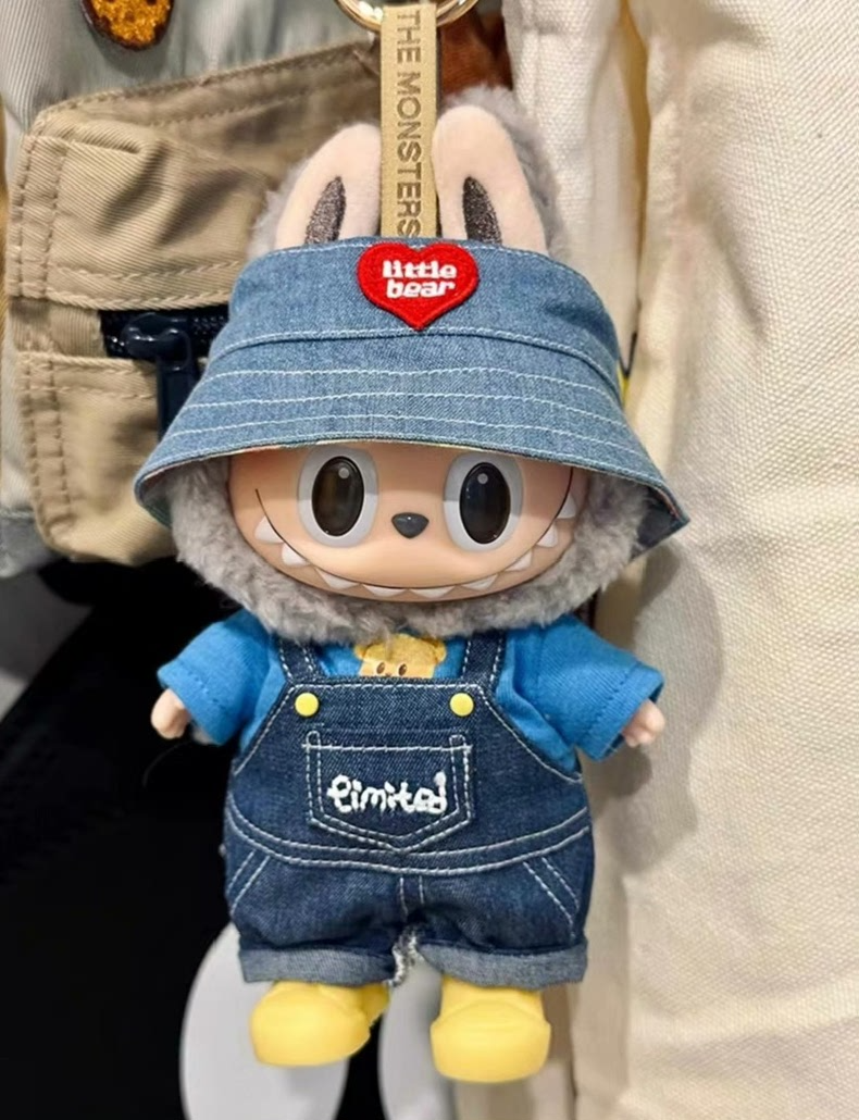 Charming Labubu Doll Outfit: Stylish Denim Overalls & Heart Bear Hat for 17CM Dolls - Image 1